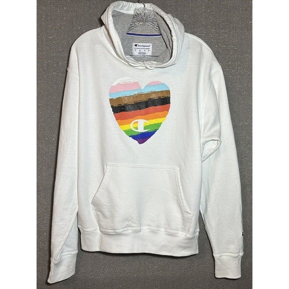 Champion Hoodie Unisex Size Medium White Beautiful Pride Heart Graphic Pullover - Picture 1 of 8